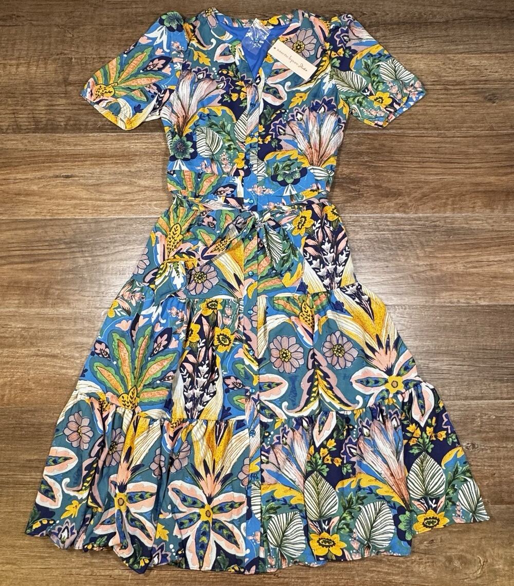 Nanette Lepore Studio Floral Tie Waist Midi Dress Womens Small Blue Green NWT